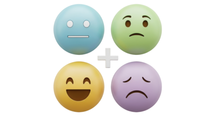 Isolated rendering of emoji character faces with expressions showing various emotion types