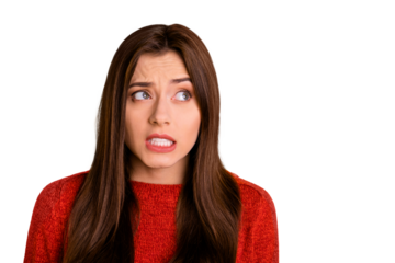 Close up photo of confused afraid girl cant remember important information feel panic look try think wear red pullover isolated over yellow color background