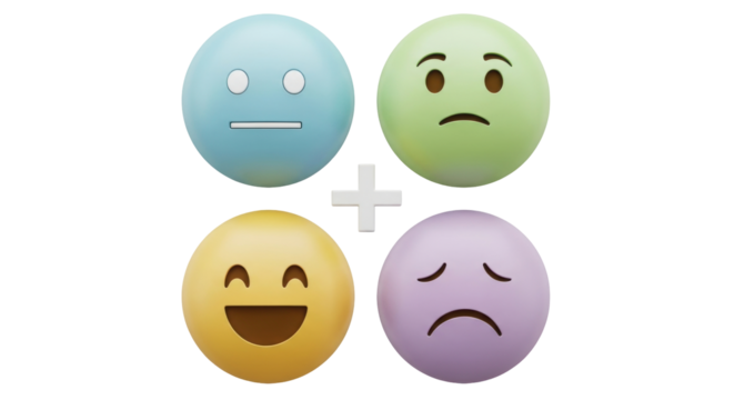 Isolated rendering of emoji character faces with expressions showing various emotion types