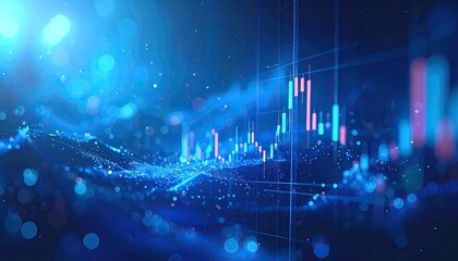 Abstract financial data visualization, showing stock charts and data points overlaid on a dynamic, particle-based background
