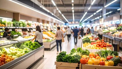 Busy supermarket interior.  People shopping