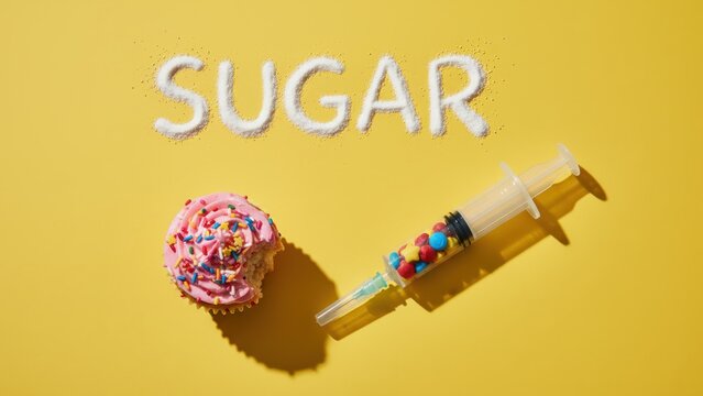 A sugar written in powder above cupcake and syringe filled with candy, diabetes concept, diabetic care, insulin, glucose