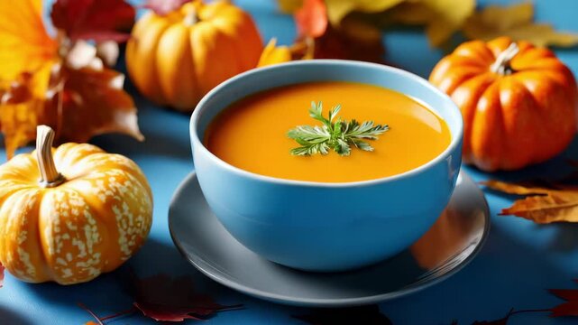Autumn pumpkin soup with falling leaves and seasonal decorations on blue surface