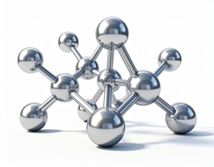 A complex molecular structure with shiny silver atoms and bonds isolated on a clean white background.