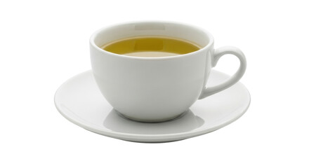 Isolated cup of green tea on saucer, close up, healthy hot herbal drink on table indoors