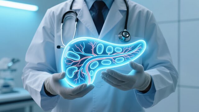 A doctor holding a glowing holographic pancreas with digital network connections, diabetes concept, diabetic care, insulin, glucose
