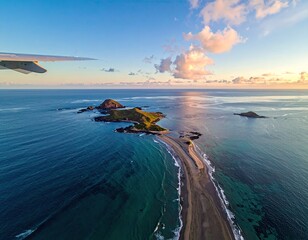 Aerial view of islands at sunrise, with plane wing