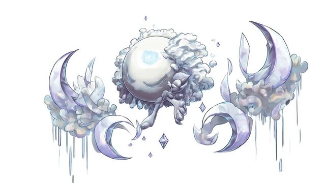 Fantasy creature artwork with moons and crystals on a white background