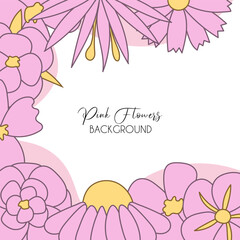 Cute flowers square postcard. Floral card with pink waves and white back for text. Pink delicate feminine background with flowers frame for printing. Greeting card design. Flat style hand draw flowers