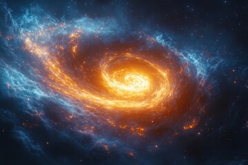 Bright orange star at center of spiral galaxy.