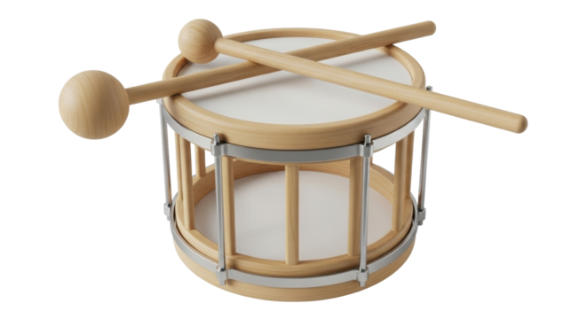 Isolated child's toy drum with drumsticks, wooden frame musical instrument on display