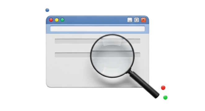 Isolated browser window under magnifying glass shows Internet search and web analysis concepts