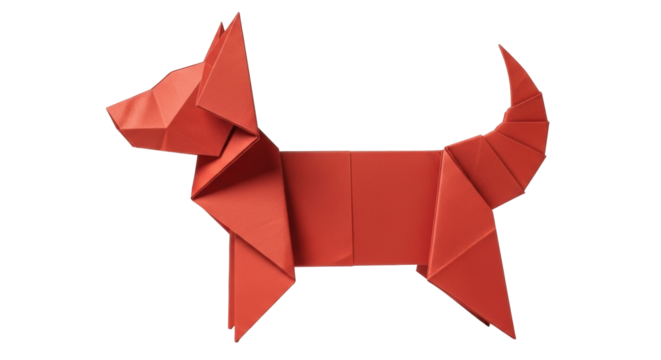 Isolated Origami Dog Illustration Art - Red Animal Sculpture on Plain Surface with Geometric Lines