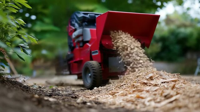 Efficient red wood chipper ejects abundant shredded mulch in lush garden setting