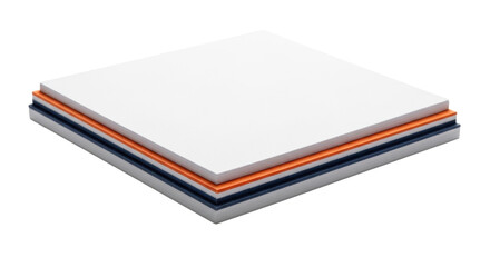 Isolated stack of flat objects, layers of orange, gray, dark blue, white colors materials
