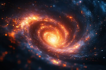 Spiral galaxy with bright orange and blue lights.