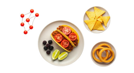 Isolated food still life composition including tacos, blackberries, chips, onion rings, and dots