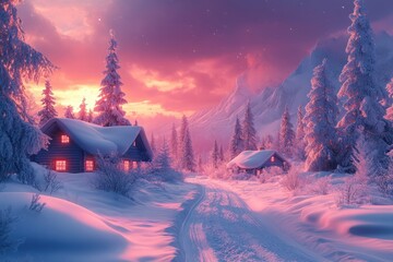 Winter landscape with snow-covered trees, creating a serene and tranquil scene.