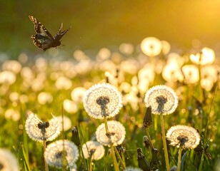 Butterfly in field of dandelions at sunset