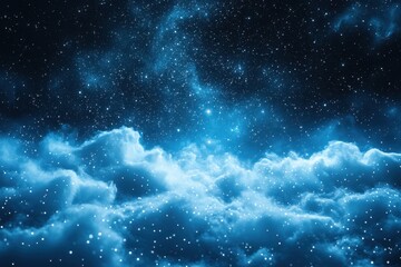 Stars shining brightly in a night sky dotted with fluffy clouds.