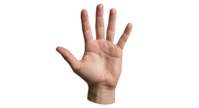 Isolated human hand gesturing, displaying five fingers counting, communicating concepts
