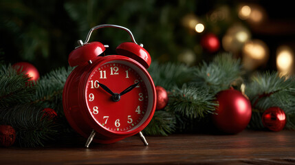 Red alarm clock on wooden table with pine branches and Christmas decorations creating festive mood