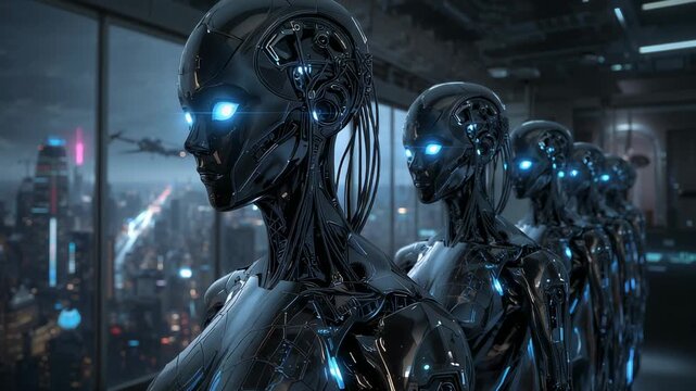 Standing lead humanoid robot in high-rise hall gazing through window at neon skyline, copy space - Powered by Adobe