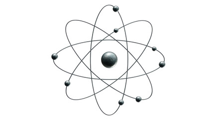Isolated depiction of an atom with electrons orbiting the nucleus on a transparent base