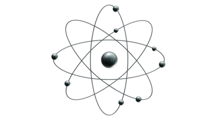 Isolated depiction of an atom with electrons orbiting the nucleus on a transparent base