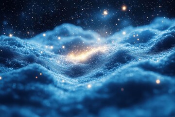 Stars twinkle in a deep blue sky dotted with fluffy clouds.