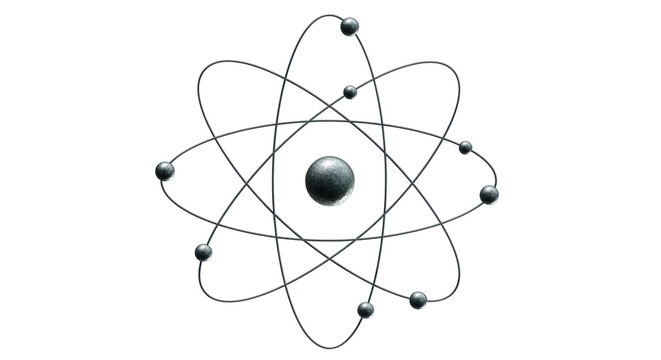 Isolated depiction of an atom with electrons orbiting the nucleus on a transparent base