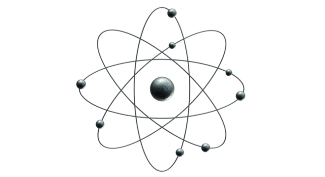 Isolated depiction of an atom with electrons orbiting the nucleus on a transparent base