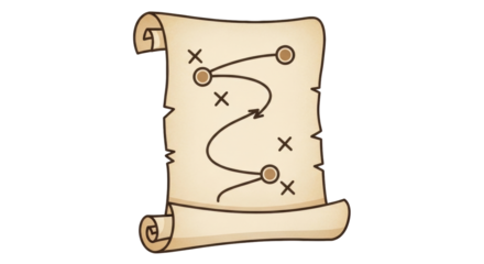 Isolated old scroll map with brown path and symbols for plan, quest, or adventure game