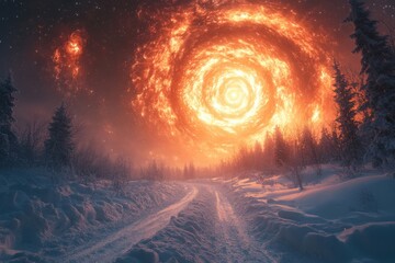 Spiral of fire in snowy landscape.