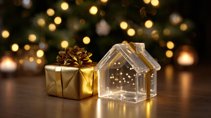 Golden gift box and transparent house decoration with lights on wooden surface with blurred festive background