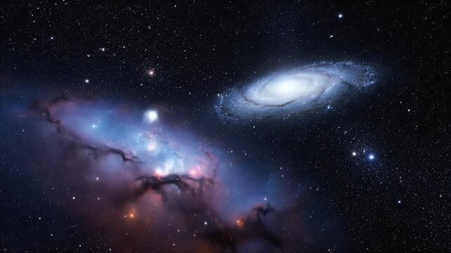 Majestic spiral galaxy and luminous nebula coexist in a breathtaking cosmic tableau of stars and deep space