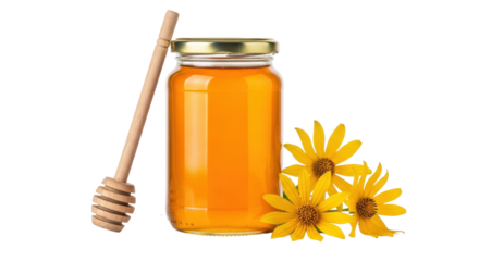 Isolated jar of honey with dipper and flowers beside it for advertising or packaging design