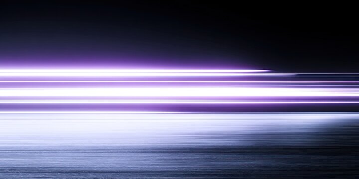 Abstract image with blurred horizontal lines of violet and white light across a dark gradient