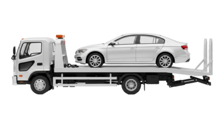 Isolated Silver Car Being Towed on a Flatbed Tow Truck in Neutral Color, Roadside Assistance