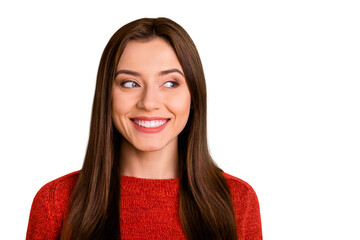 Close up photo of charming positive cheerful cute lady have fun look plan her weekends feel...