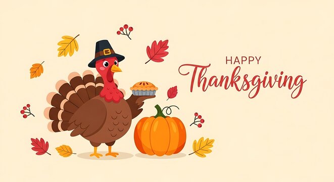 A cheerful cartoon turkey wearing a pilgrim hat stands next to a pumpkin and holds a burger with falling autumn leaves and the words happy thanksgiving written in elegant script