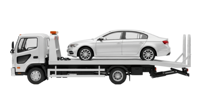 Isolated Silver Car Being Towed on a Flatbed Tow Truck in Neutral Color, Roadside Assistance