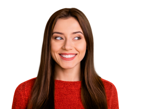 Close up photo of charming positive cheerful cute lady have fun look plan her weekends feel inspired wear  red sweater isolated over yellow color background