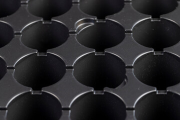 plastic container with round holes for growing seedlings, a black plastic tray for growing a large number of seedlings of agricultural or other plants before planting