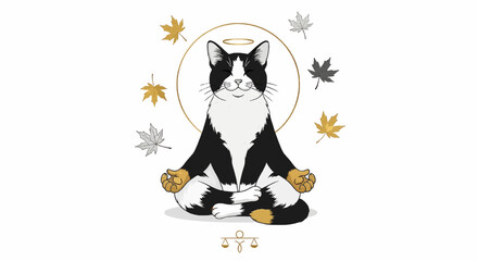 Spiritual whisker enlightenment featuring a divine feline in a meditative yoga pose with a golden halo