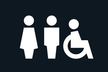 Accessibility restroom icons. Man, woman, and wheelchair user symbols in a minimalist design. Toilet icons, pictograms isolated on black background. WC symbols, vector logo illustration.
