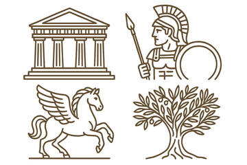 Naklejka premium Ancient Greece line art icon set. Greek mythology symbols collection with Parthenon temple, spartan warrior, pegasus, and olive tree. Vector logo elements for history.