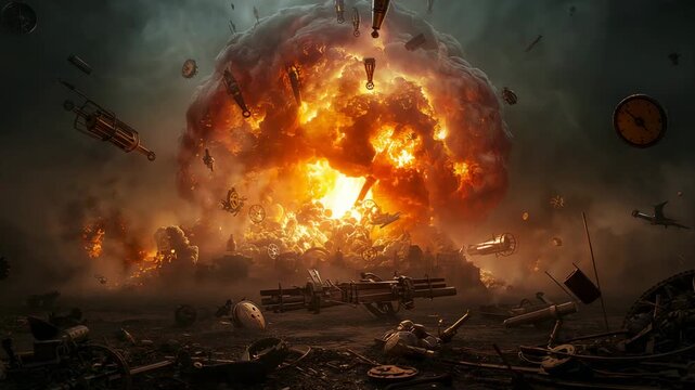 Flaming ring flaring at ground level, erupting fiery explosion on scorched plain with clock faces