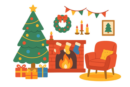 Fototapeta Christmas room interior set. Cozy Scandinavian flat style illustration with fireplace, tree, gifts, and armchair. Hygge winter holiday home decoration vector collection.