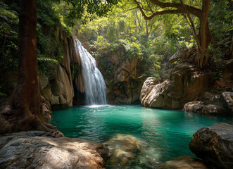Scenic tropical waterfall with turquoise pool surrounded by lush green jungle and sunlight filtering through the trees